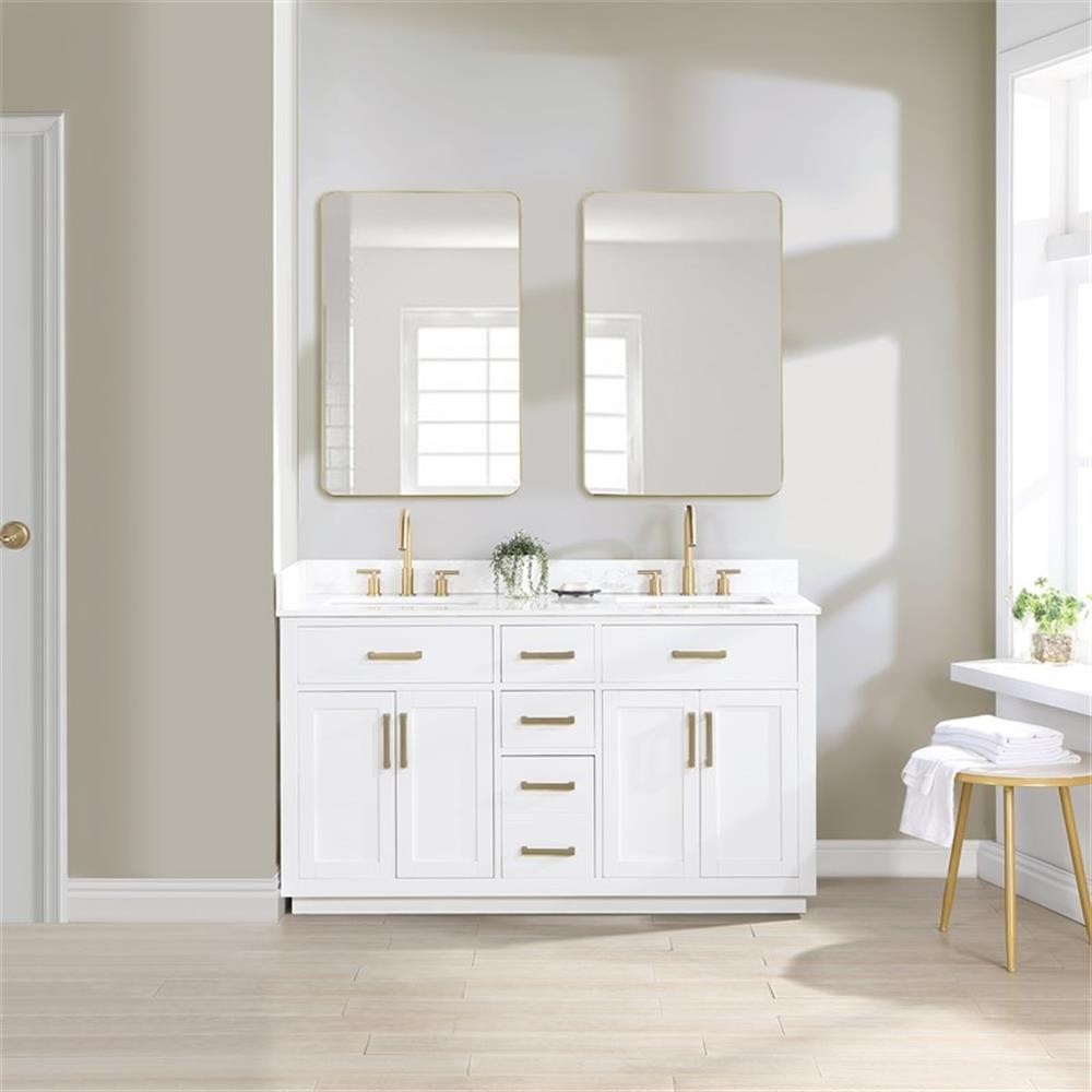 Gavino 60″ Wood Vanity in White with Grain White Composite Stone Top and Mirror
