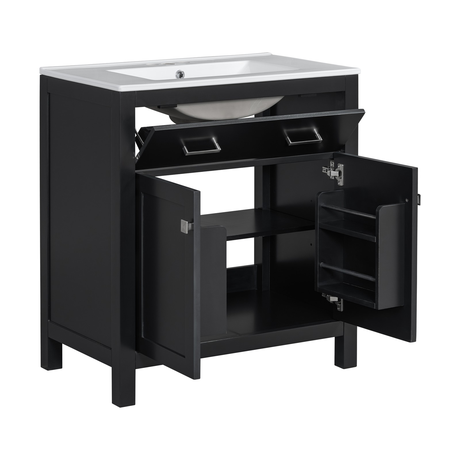 30″ Bathroom Vanity with Ceramic Sink, Modern Black Single Bathroom Cabinet