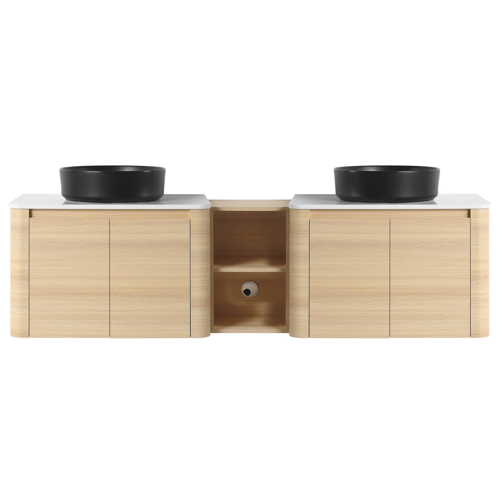 72″ Floating Bathroom Vanity W/ 2 Black Ceramic Sink Stone Slab Top+Open Shelves