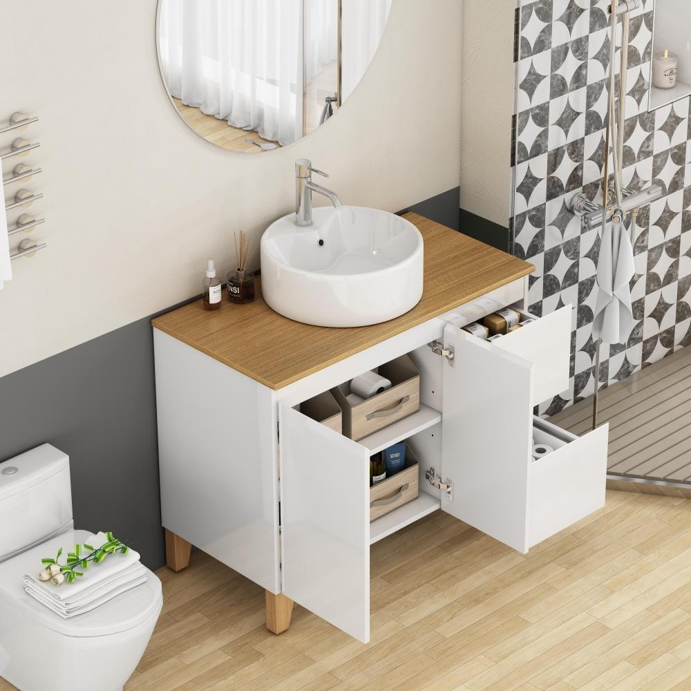 Bathroom cabinet with sink, double doors, and two drawers