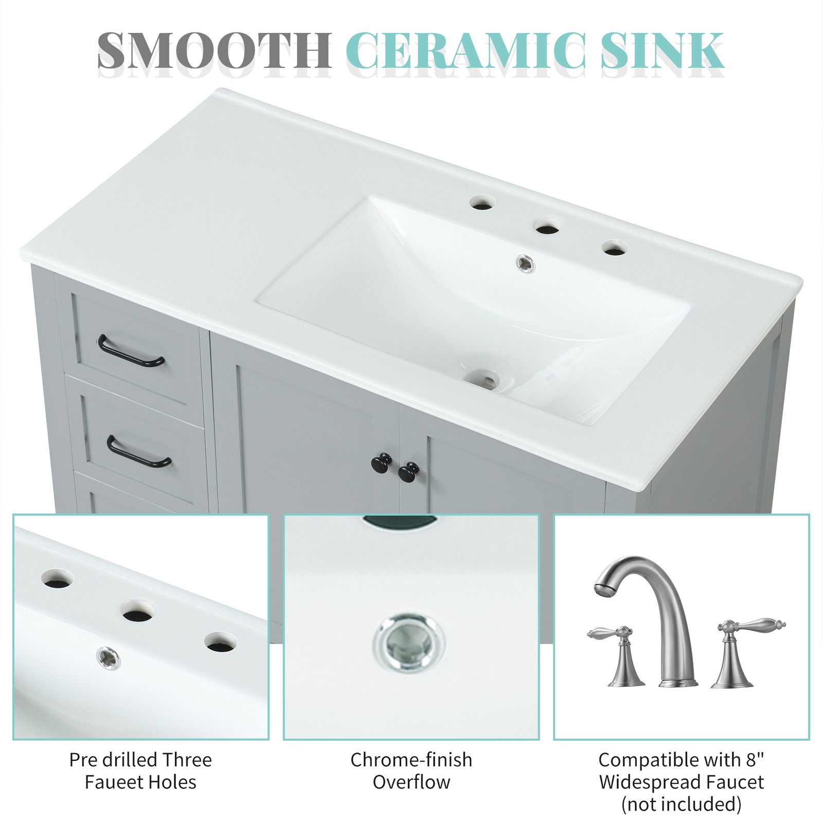 36″ Bathroom Vanity with Sink Top, Cabinet, Two Doors, Two Drawers, Grey