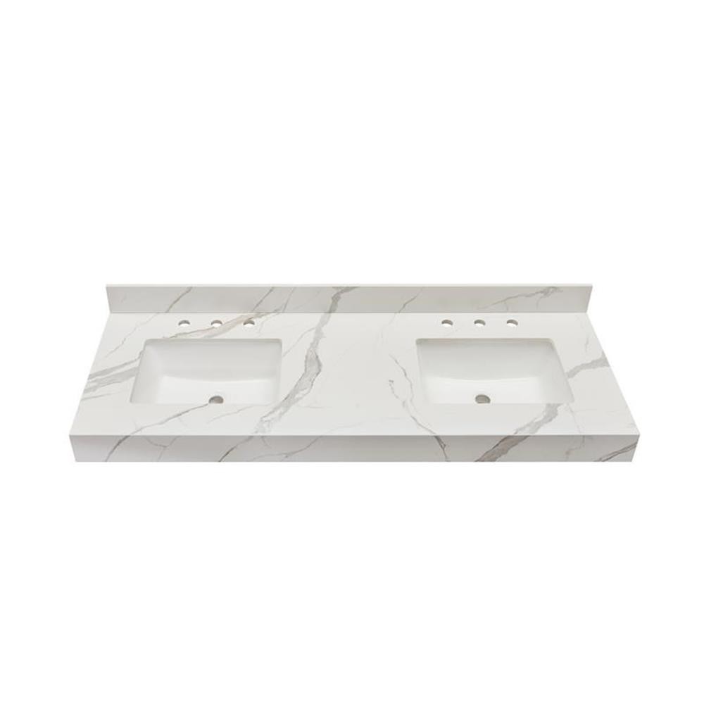 61 in. Composite Stone Apron Vanity Top in Calacatta White with White Basins