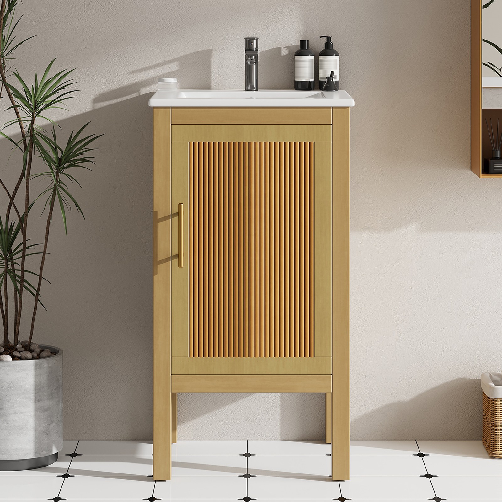 18 Inch Bathroom Vanity with Ceramic Sink, Storage Cabinet, Natural Wood