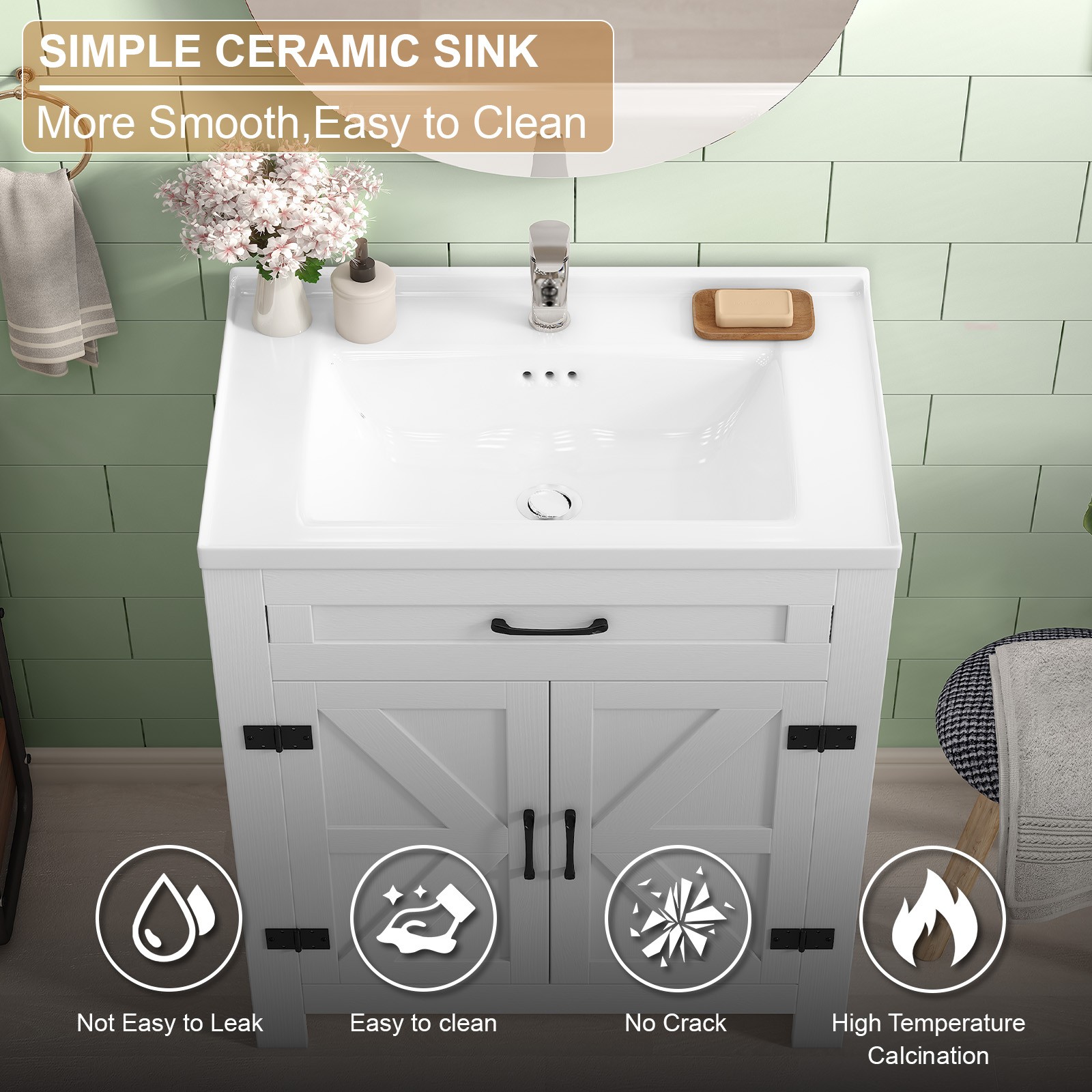 31″ Bathroom Vanity with Ceramic Sink Freestanding Storage Cabinet w/ Drawer