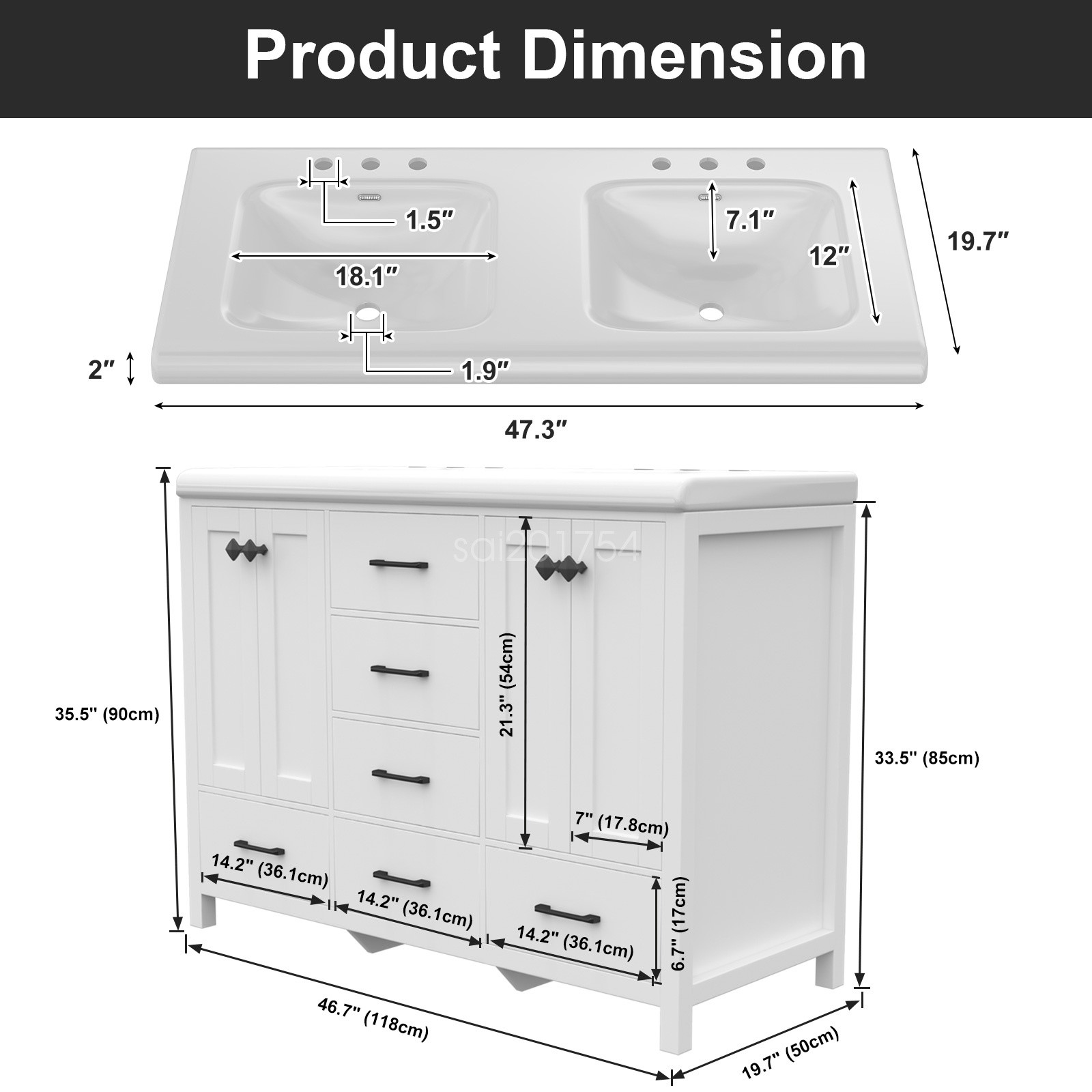 Bathroom Vanity Freestanding Double-Basin Ceramic Sink Cabinet Wash Basin 47.3″