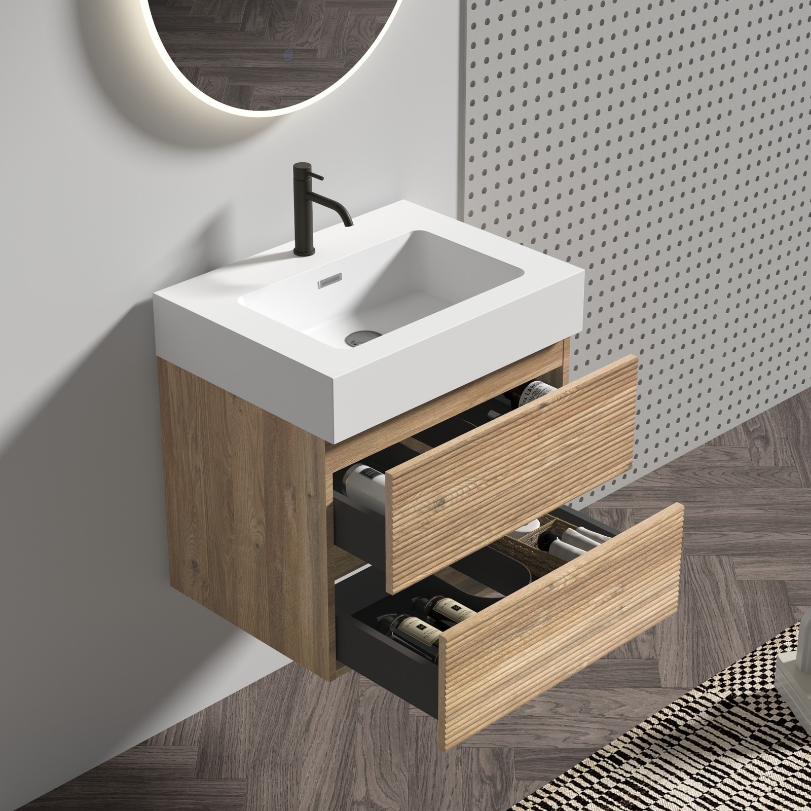 24″ Rough Oak Wall Mounted Bathroom Vanity with White Glossy Sink