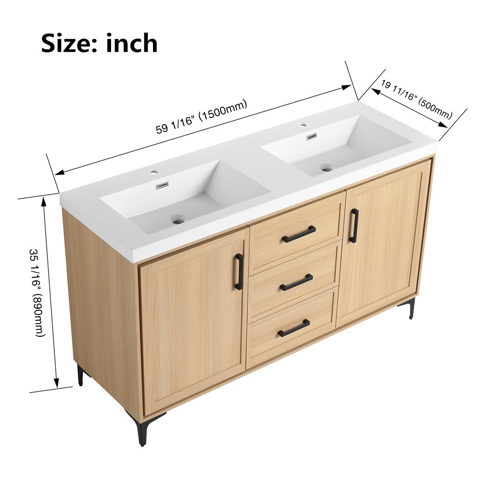 60″ Bathroom Vanity w/ Double Sink, Freestanding Vanity Doors Cabinet, 3 Drawers
