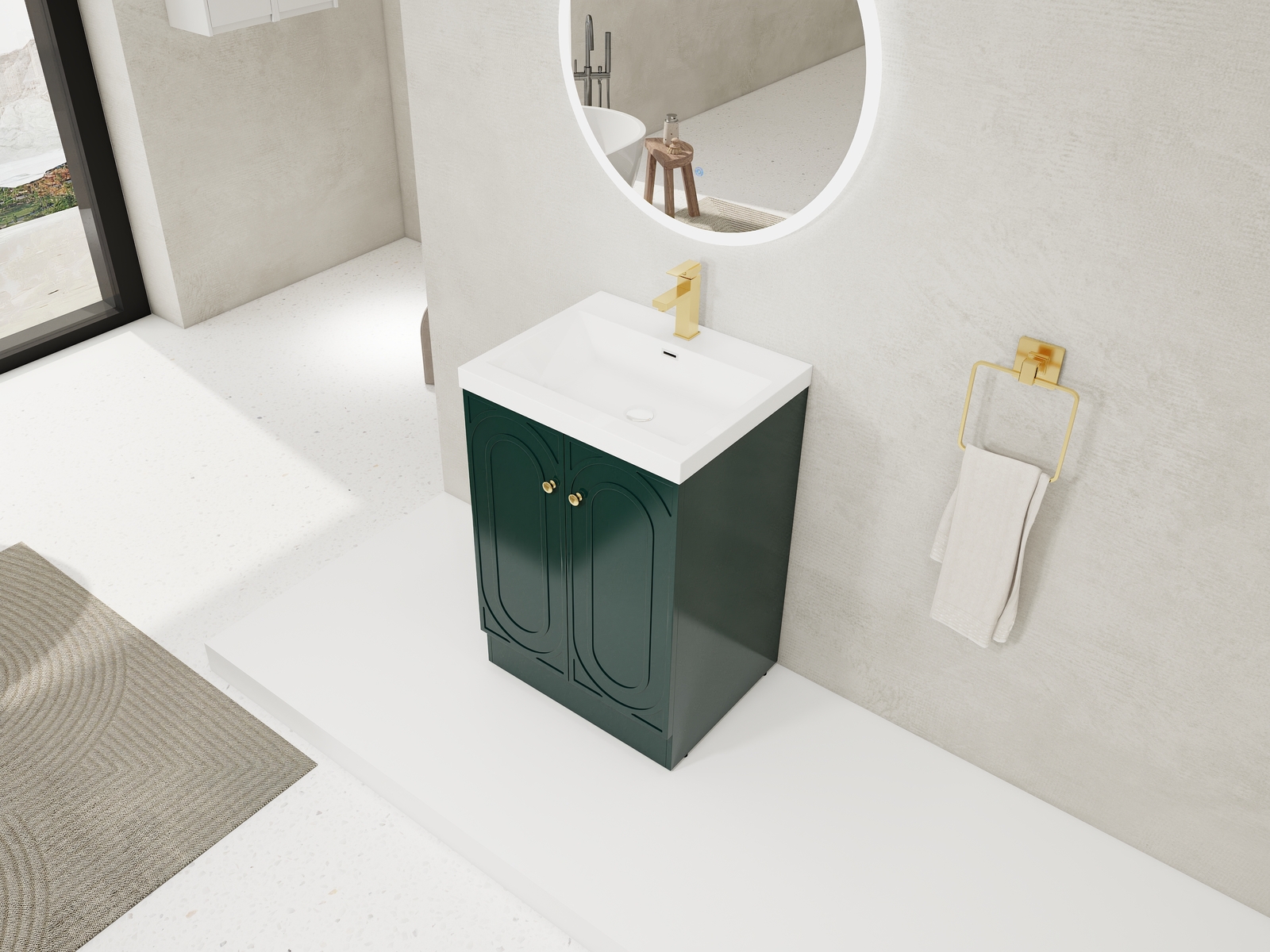 24 inch Plywood Freestanding Bathroom Vanity Cabinet Dark Green Resin Sink Basin