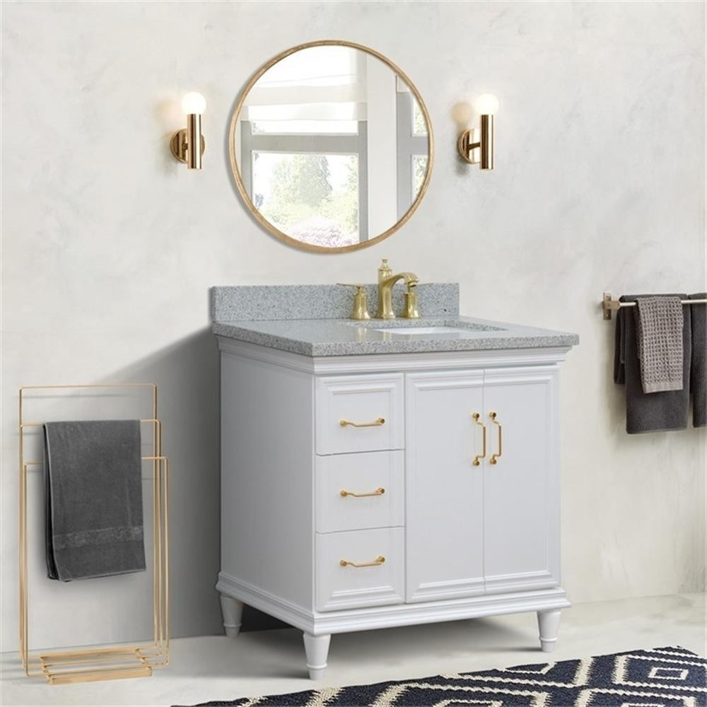 37 in. Single Wooden Vanity White Gray Granite Rectangle Right Door.Right Sink