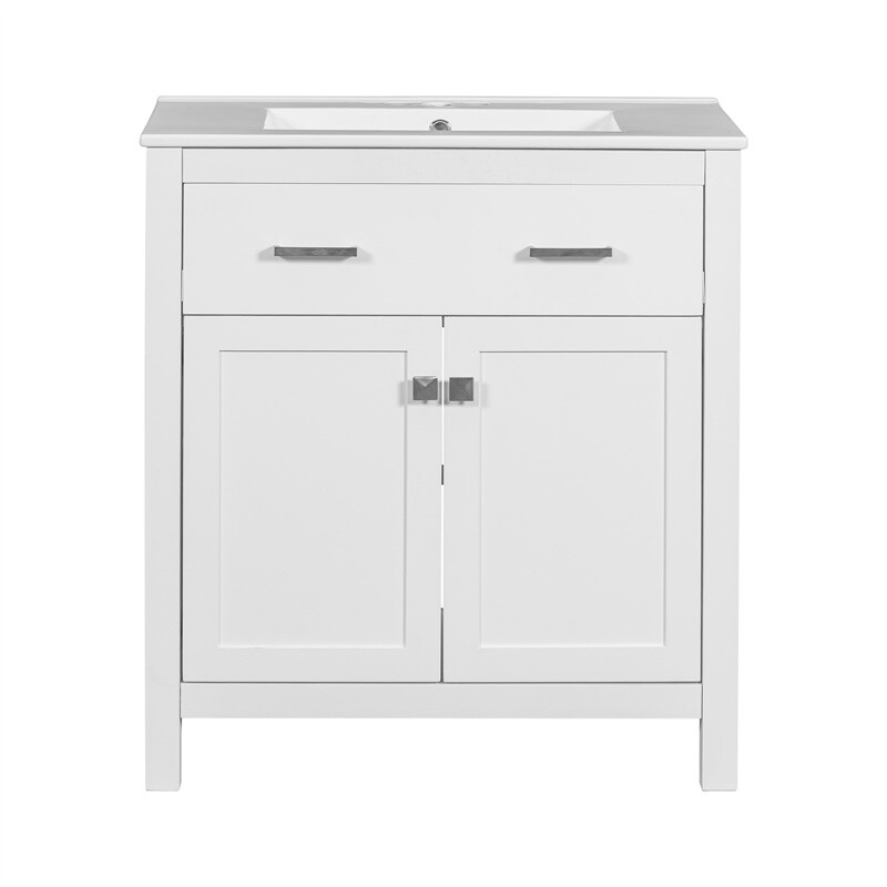 30-inch White Bathroom Vanity w/Ceramic Sink,Soft Close Doors & Flip-out Drawer