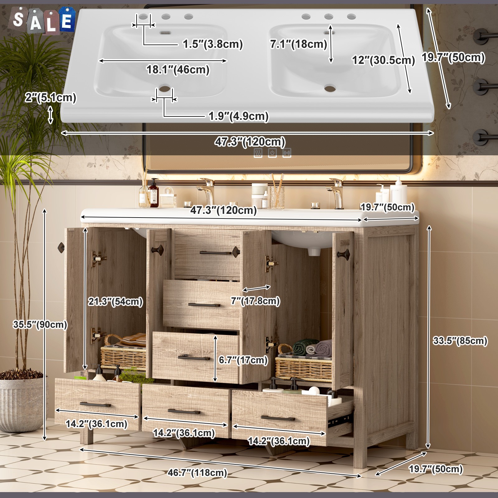 47 Inch Bathroom Vanity Double Ceramic Sinks Combo Storage Doors With Drawers