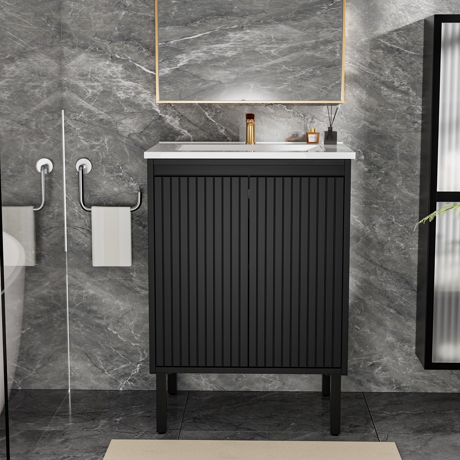 Bathroom Vanity w/Ceramic Sink,Modern Wood Storage Cabinet w/Soft Closing Door
