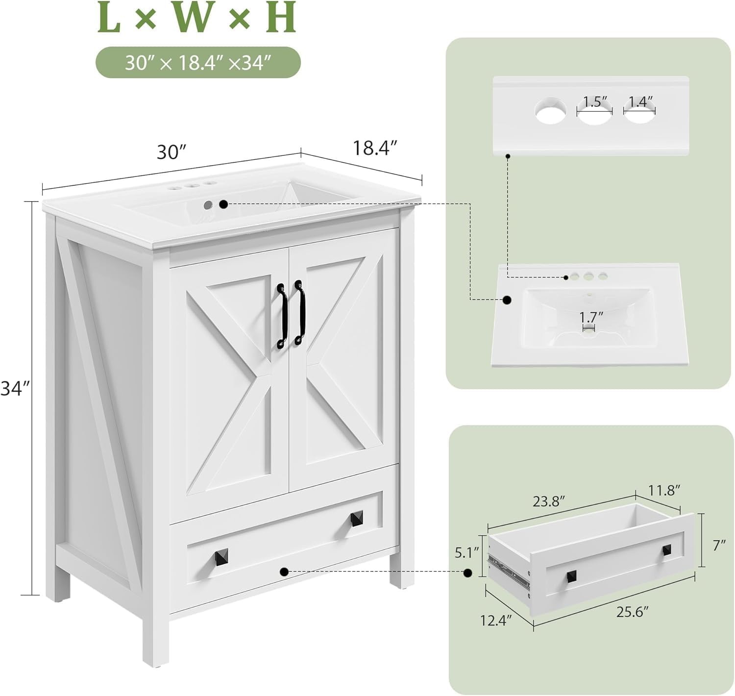 30” Bathroom Vanity with Sink Freestanding Cabinet 2 Colors w/ 2 Doors & Drawer