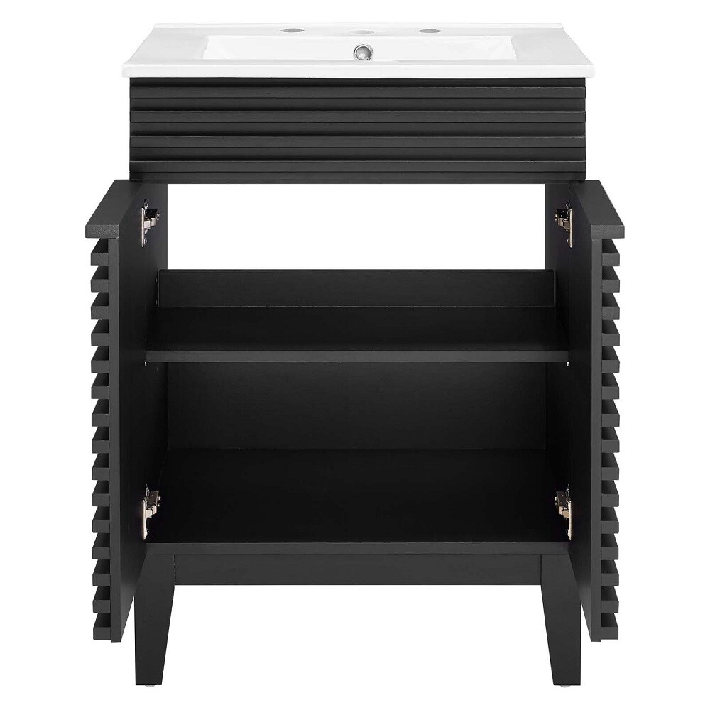 Mid-Century Modern Bathroom Vanity Black, White, Gray, Oak Laminate Tapered Legs