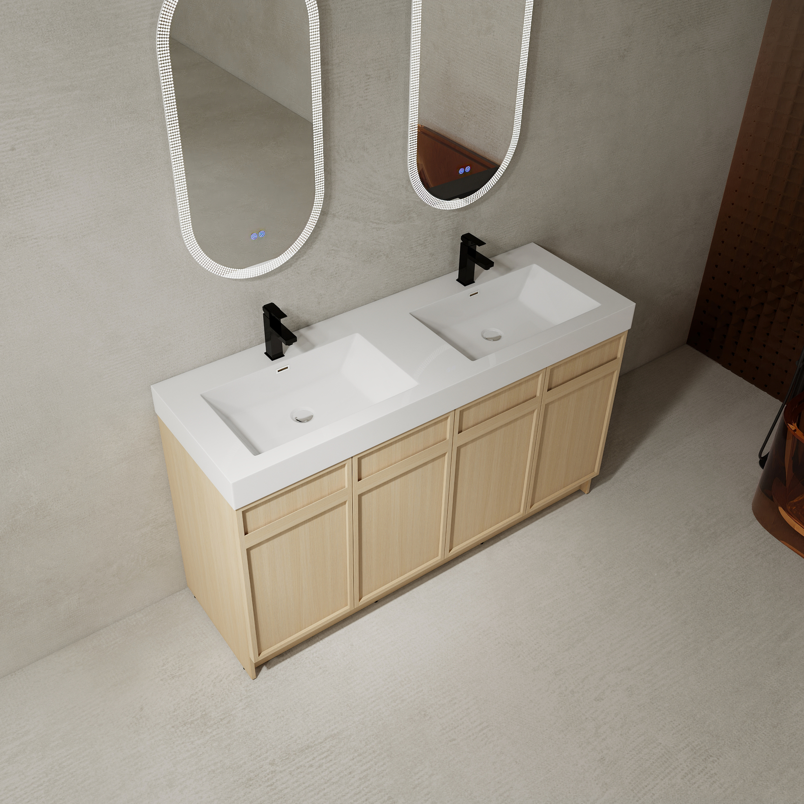 60″ Plywood Double Sink Bathroom Vanity Cabinet 4 Doors Undermount Resin Sink