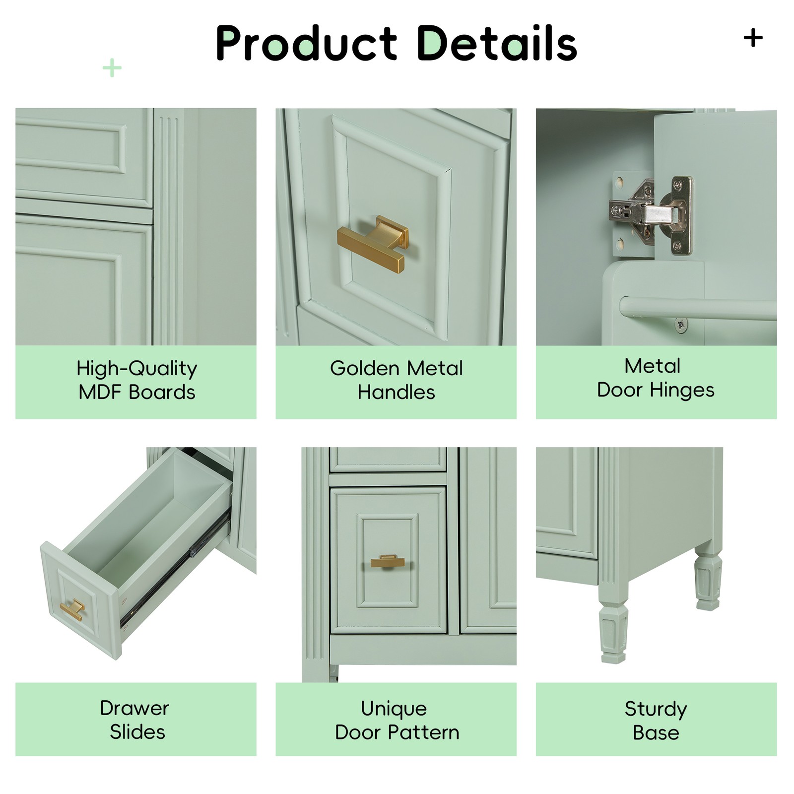 24″ Bathroom Vanity with Sink, Solid Wood & MDF Cabinet, Green