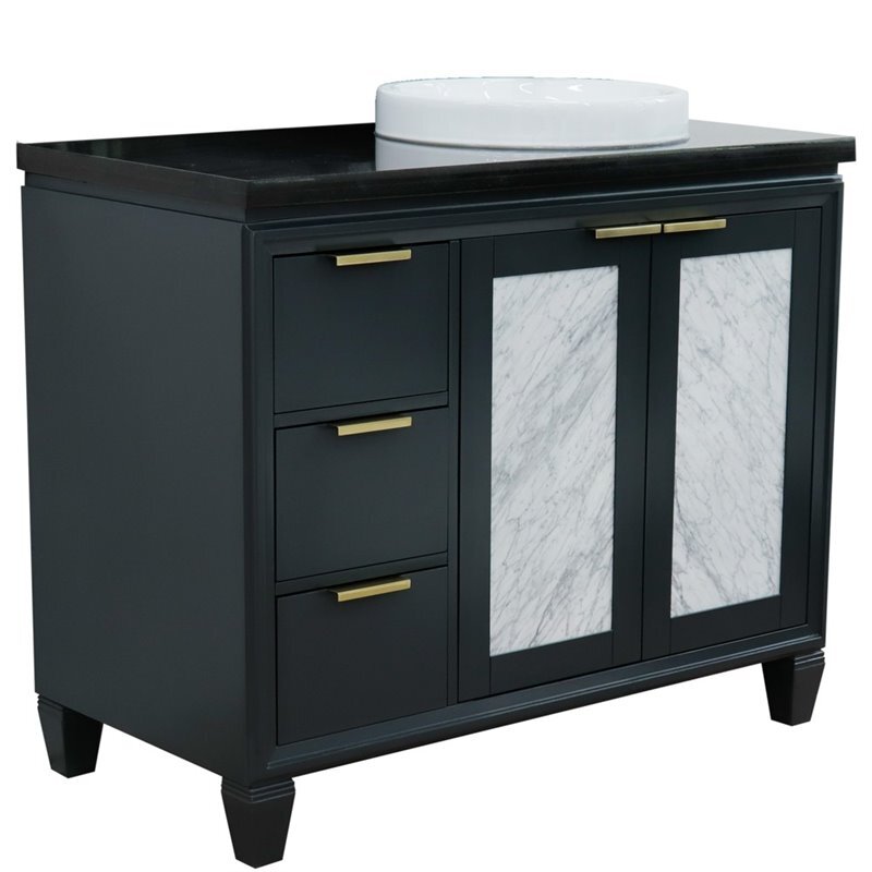 Trento Solid Wood Vanity with Right Round Sink in Gray/Black Galaxy