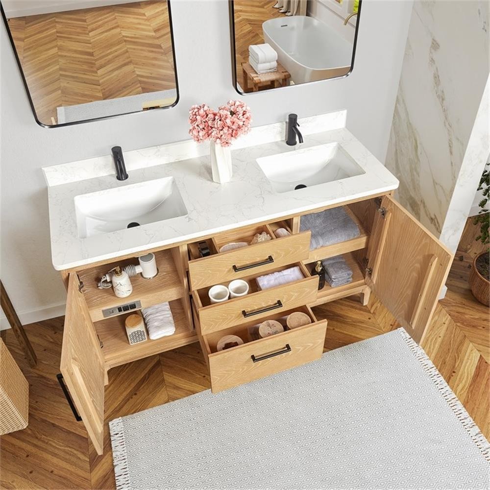 Gara 60M” Double Bath Vanity in Washed Ash Grey with White Grain Composite Stone