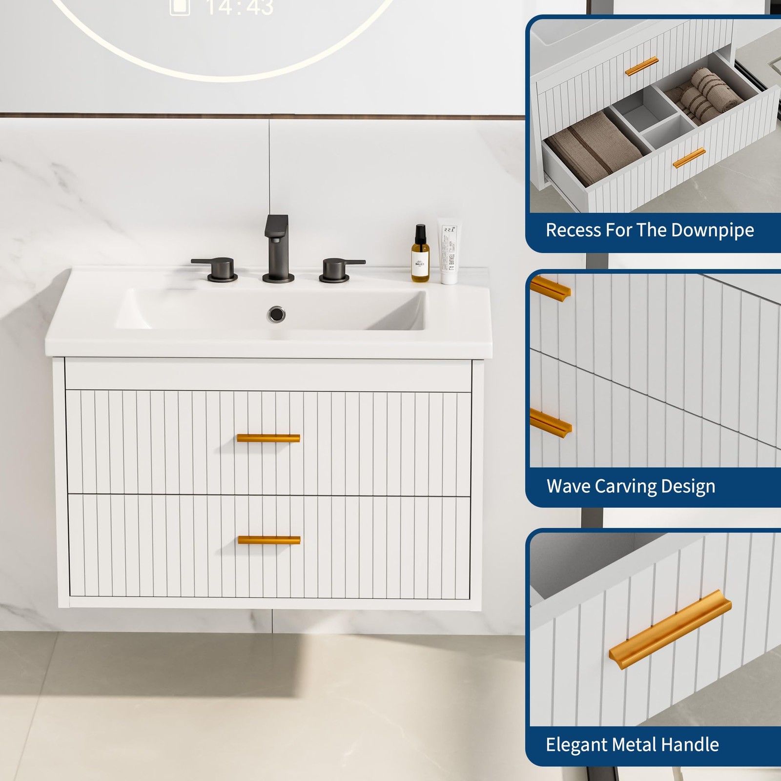 30 Inch Floating Bathroom Vanity with Sink & 2 Drawers Wall Mounted Modern