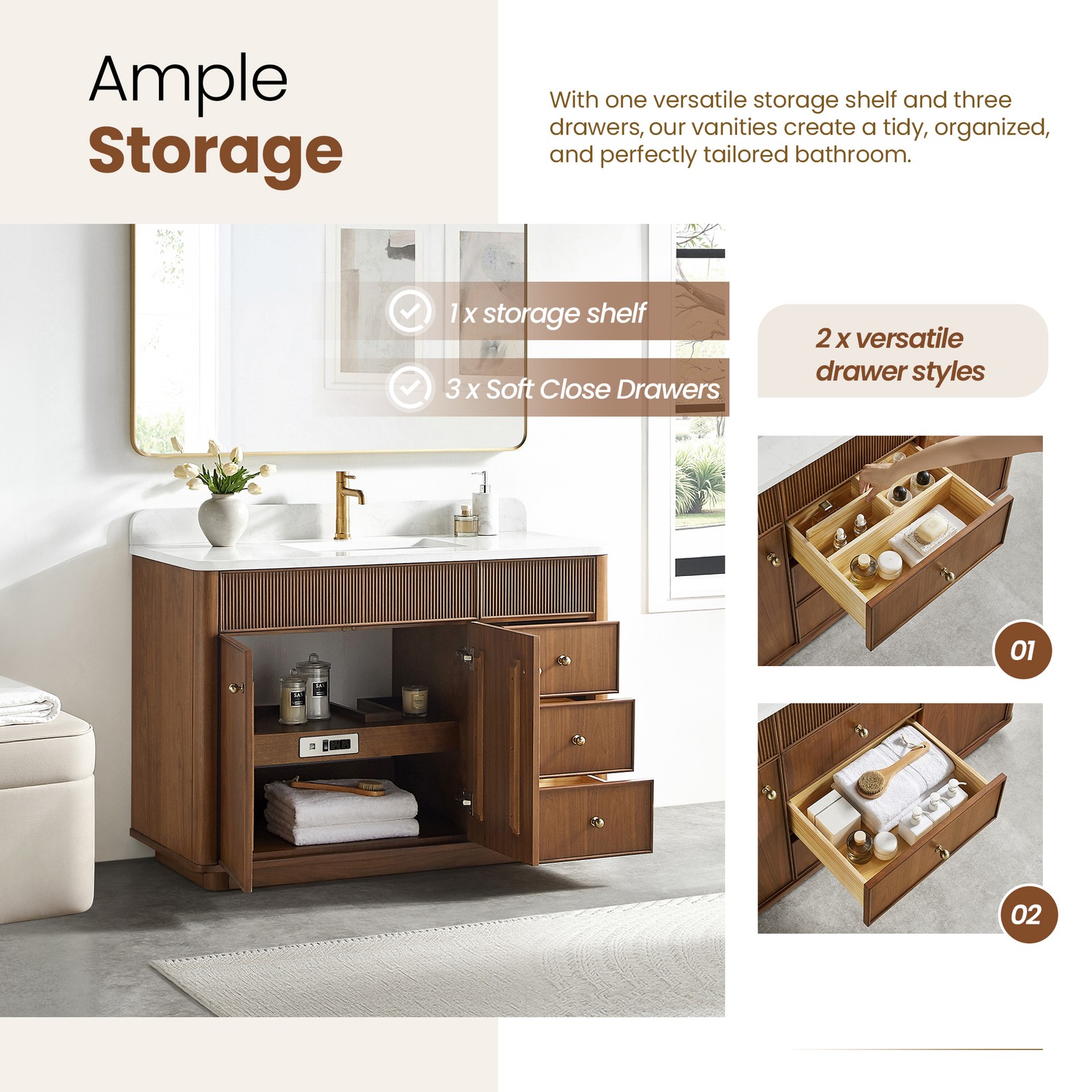 Zogno 48″ Single Sink Bath Vanity in Natural Walnut with White Grain Stone Top
