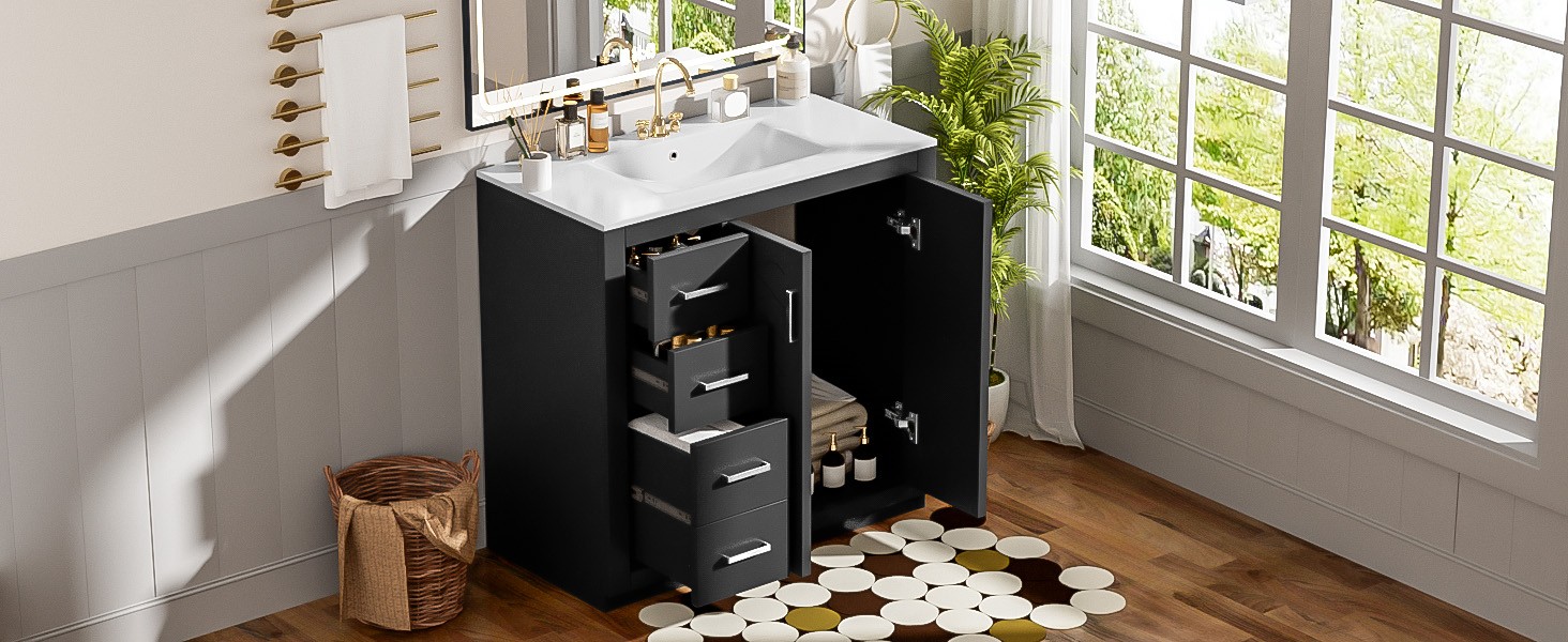 36″ Bathroom Vanity with Ceramic Sink, Solid Wood Frame, 3 Drawers