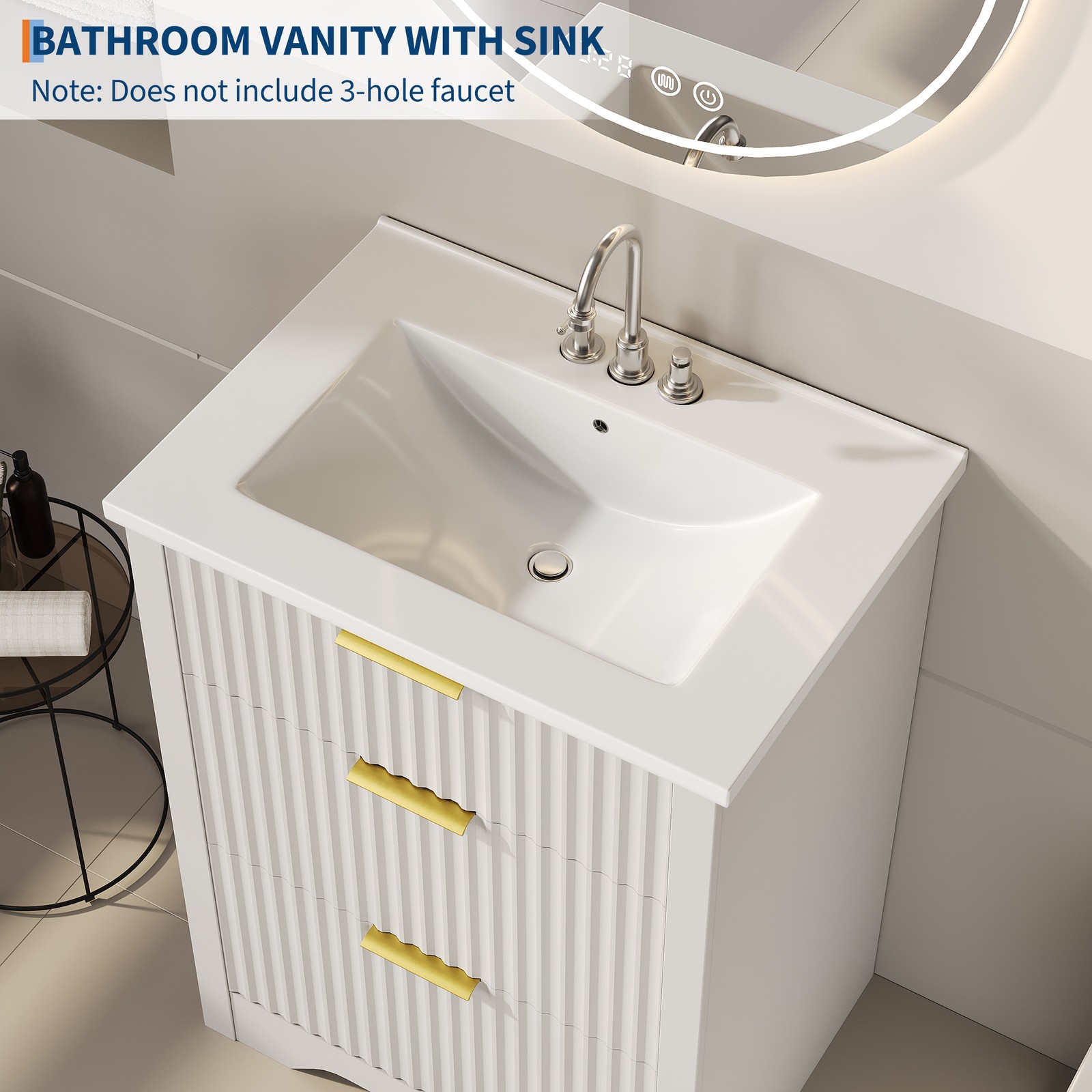 24” Fluted Bathroom Vanity w/Sink, Farmhouse Freestanding Bathroom Sink Cabinet