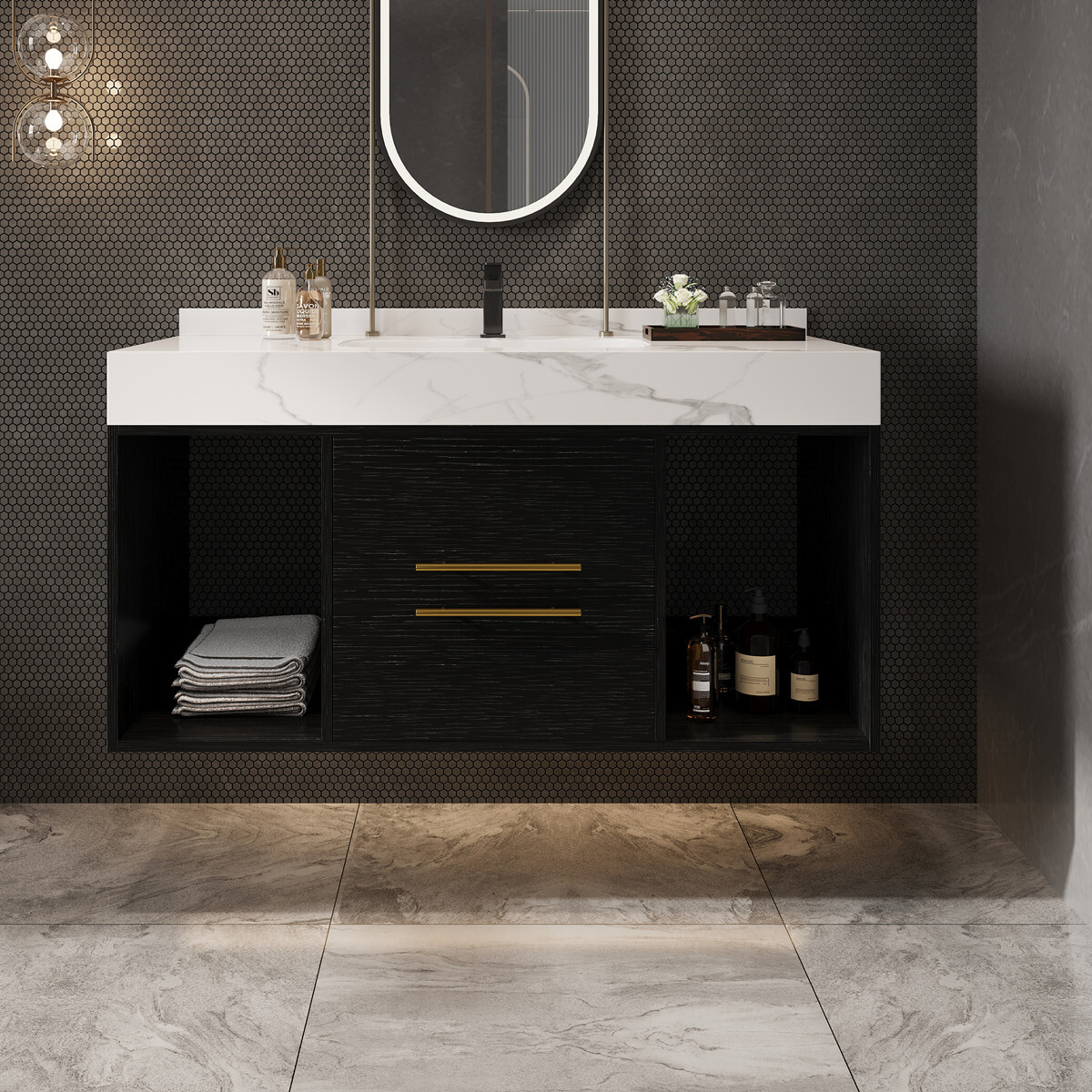 39.4″ Wall Mounted Bathroom Vanity w/ Sink, Floating Vanity Cabinet, 2 Drawers