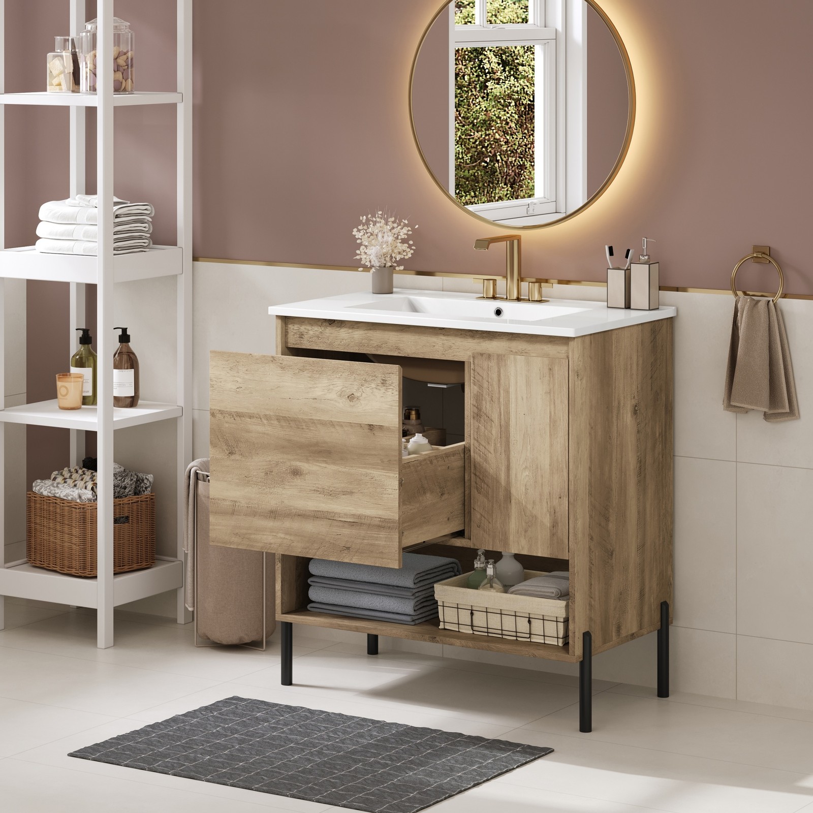 30″ Modern Wood Fixture Bathroom Vanity, Bathroom Cabinet with Sliding Drawer