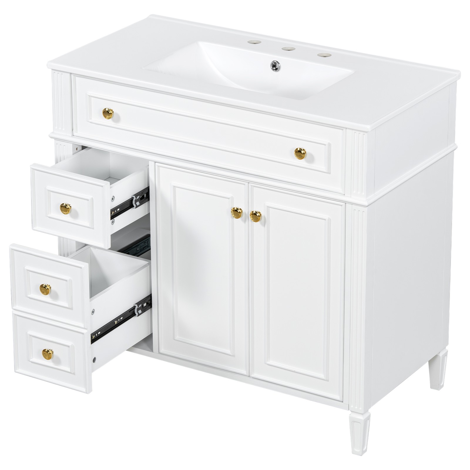 White 36 Inch Bathroom Vanity with Sink, Solid Wood Cabinet, Gold Handles