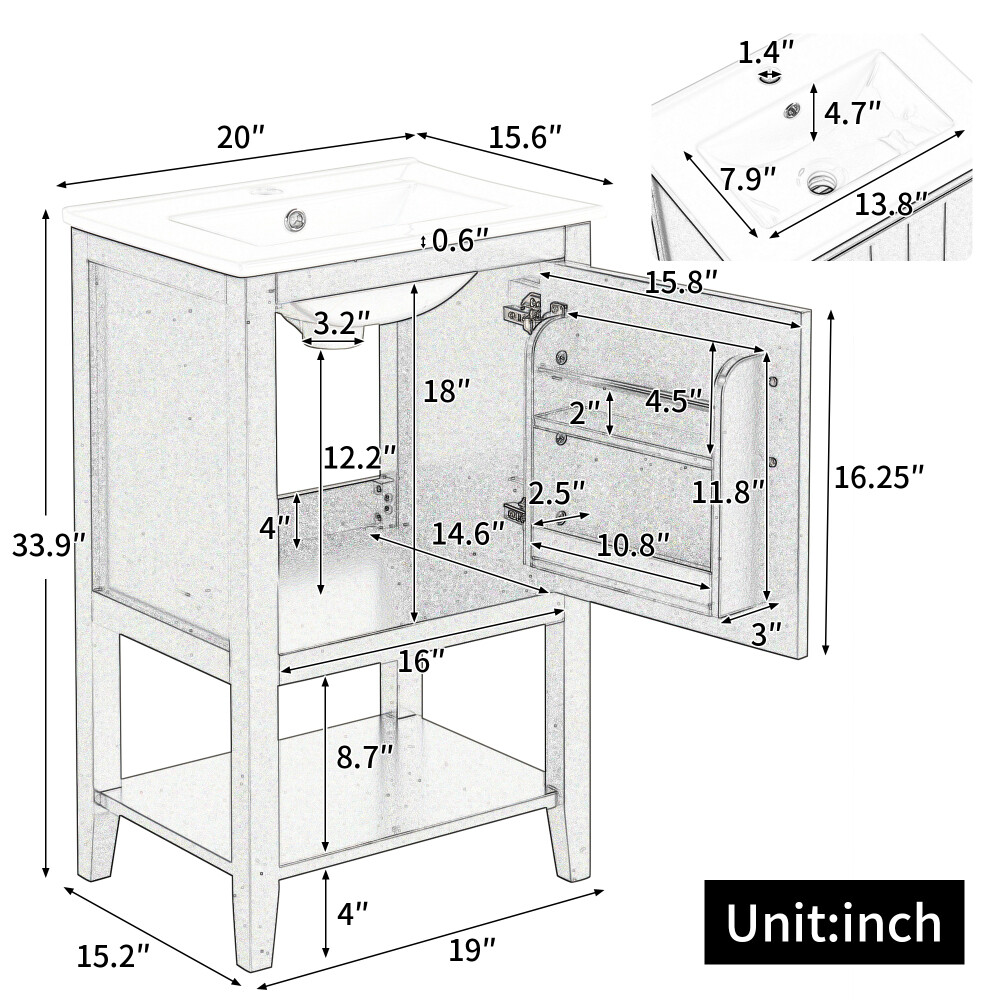20″ Bathroom Vanity with Sink, Bathroom Cabinet with Storage Rack and Open Shelf