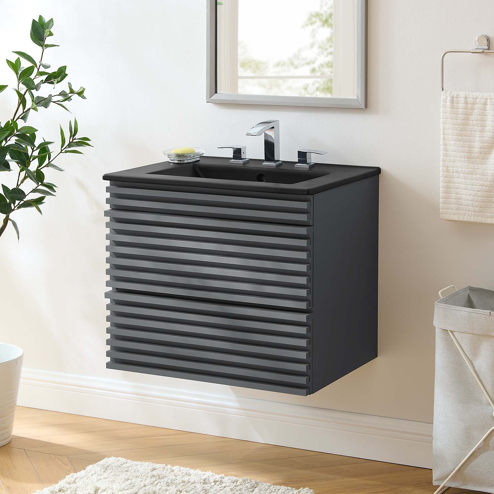 Modway Render 24″ Wall-Mount Bathroom Vanity in Gray Black