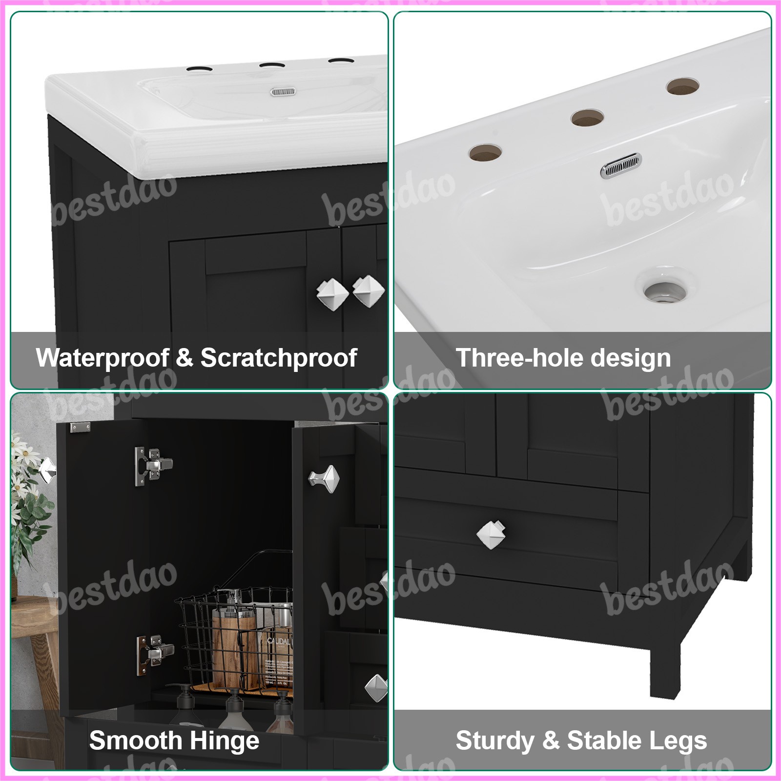 47″ Black Bathroom Vanity Cabinet w/ Double Ceramic Sinks & 2 Doors & 6 Drawers