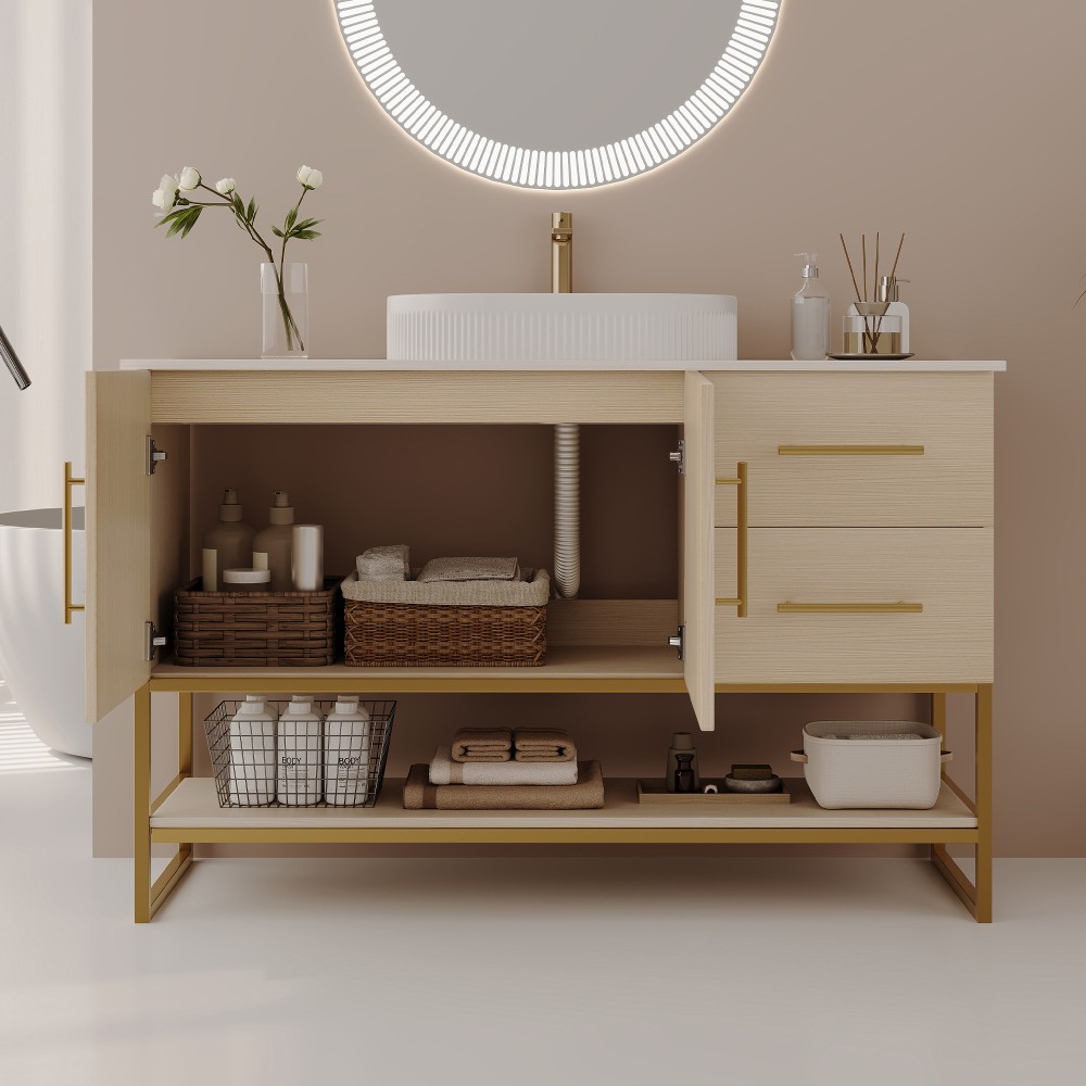 36″ Modern Bathroom Vanity Ceramic Vessel Sink Gold Accent Free Standing Cabinet