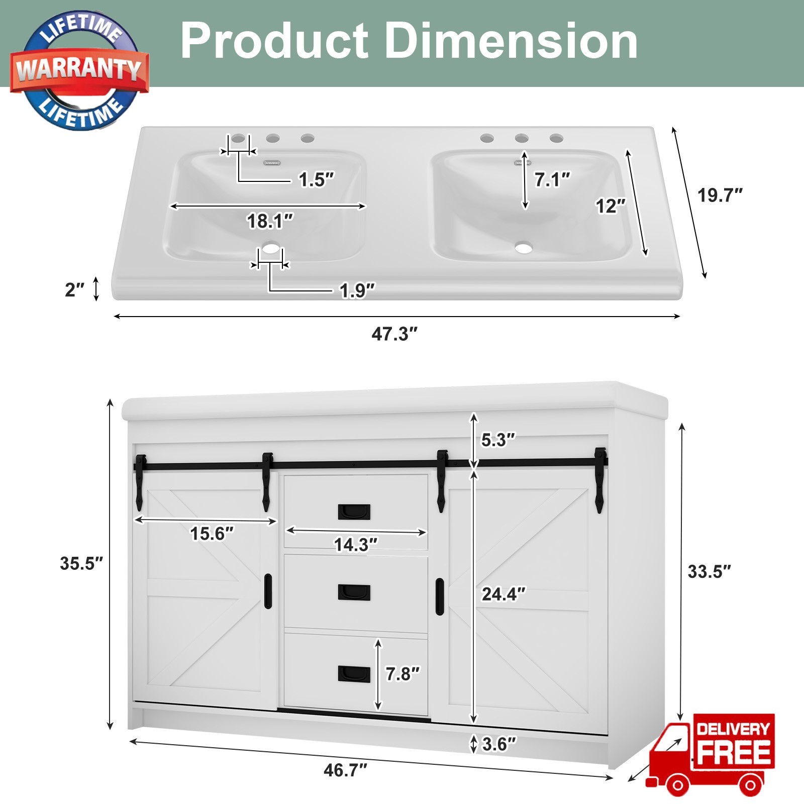 47″ Bathroom Vanity w/Double Ceramic Sink, Freestanding Vanity Cabinet,2 Drawers