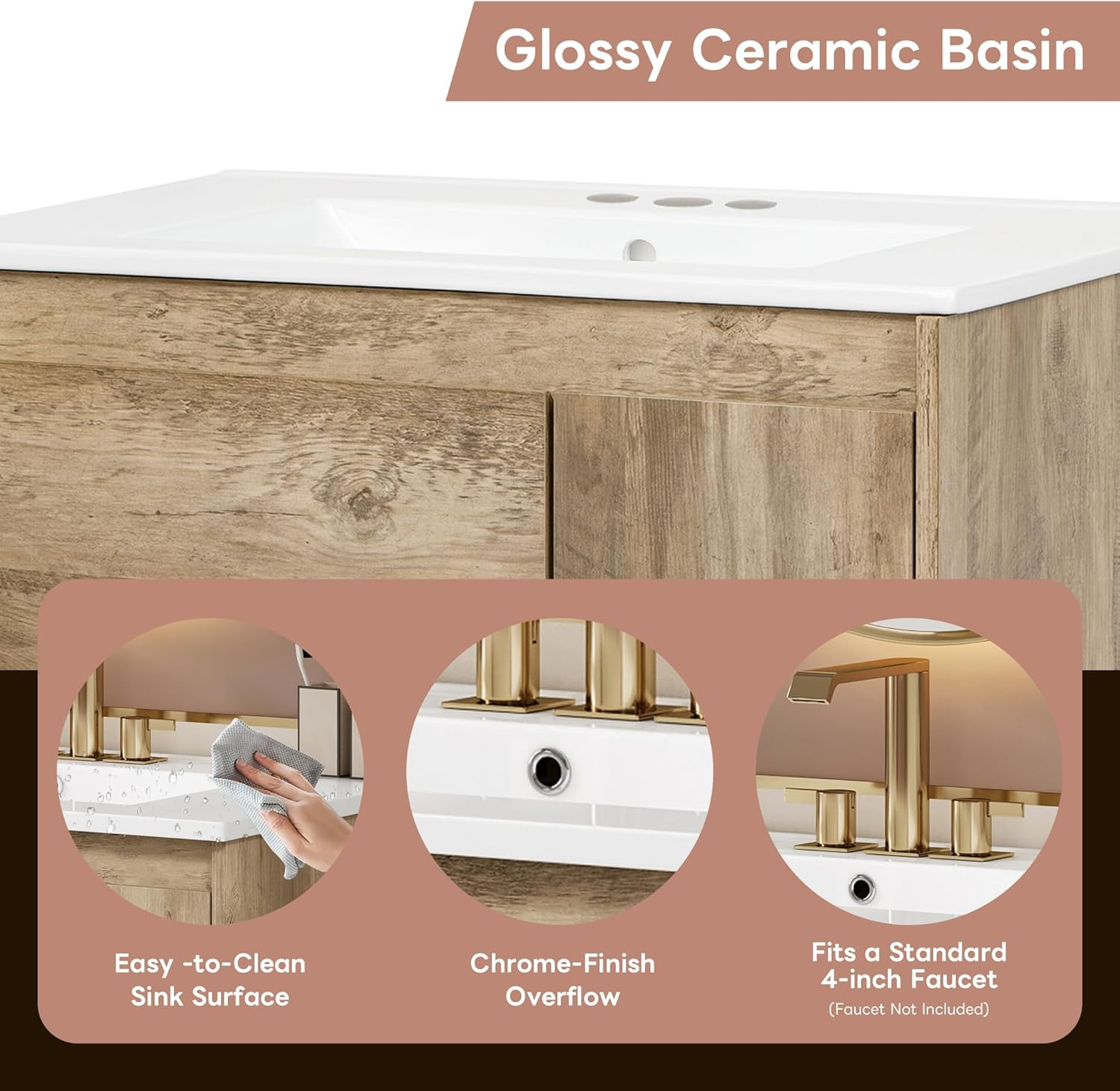 30″ Modern Wood Bathroom Vanity with Ceramic Sink & Sliding Drawer, Natural Fini