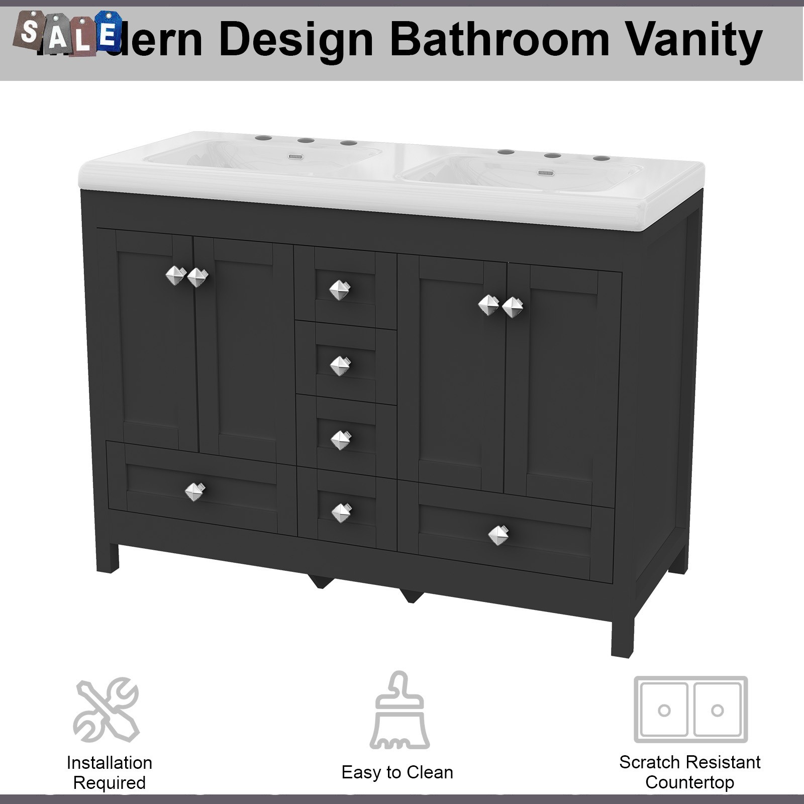 5 Drawers Bathroom Vanity Cabinet with Double Sink Ceramic Freestanding