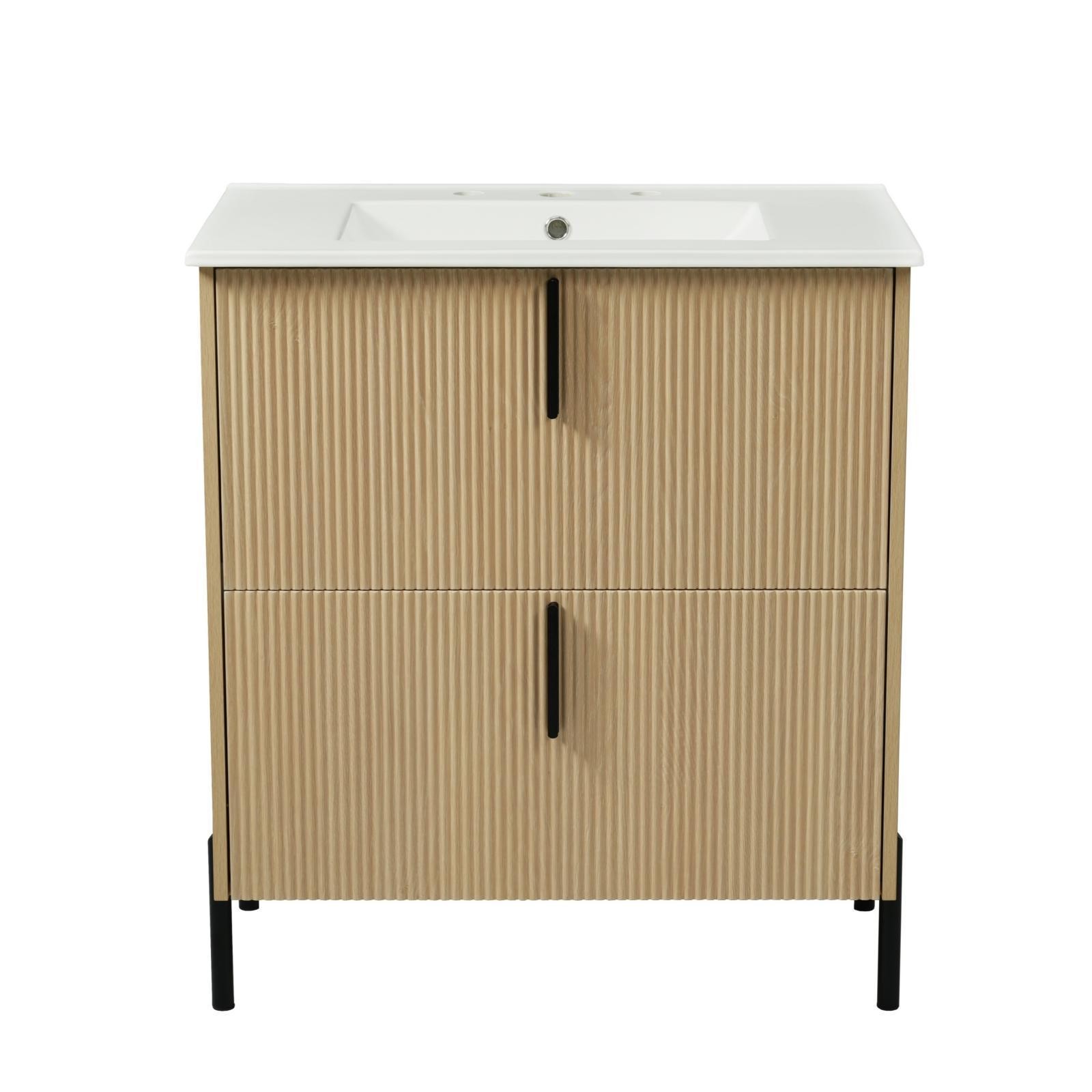 Bathroom Vanity Cabinet Ceramic Sink Drawers Fluted Details Soft Close Furniture