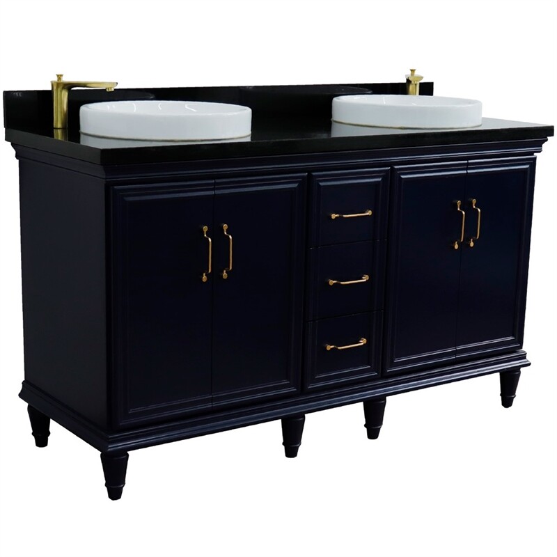 61 in. Double Wooden Vanity Blue Black Galaxy Granite Round Sink