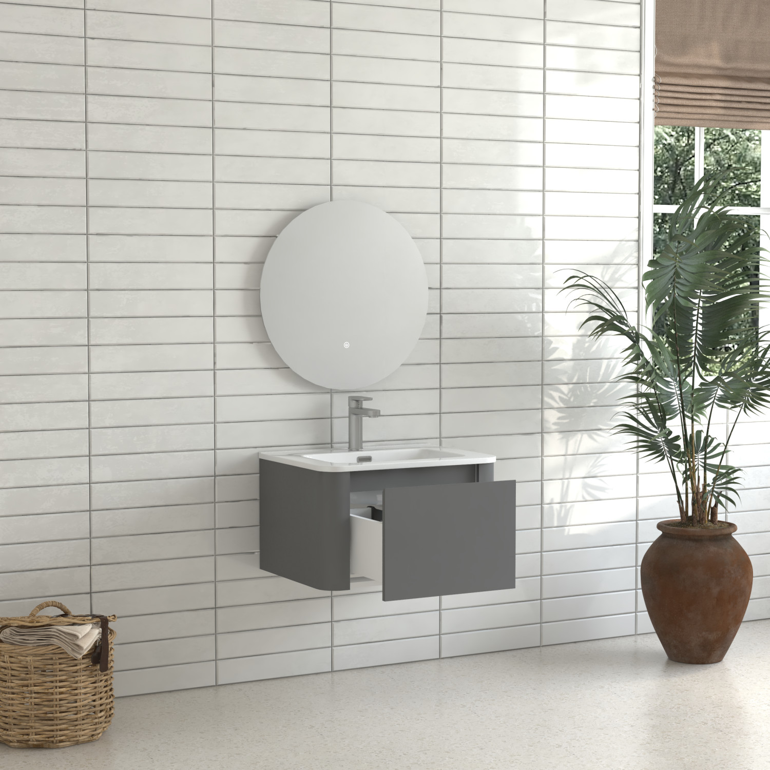 24″ Grey Floating Bathroom Vanity with White Ceramic Integrated Basin