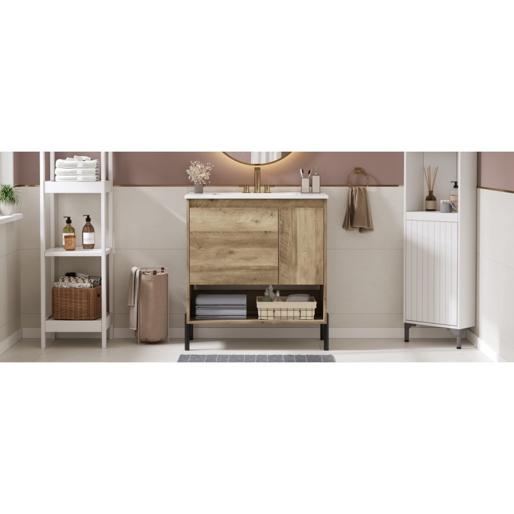 Wooden Bathroom Cabinet Sliding Drawers Ceramic Basin Countertop Open Shelving