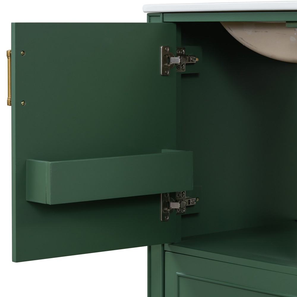 30″ Green Bathroom Vanity Ceramic Sink Soft Close Door 3 Drawers Storage Cabinet
