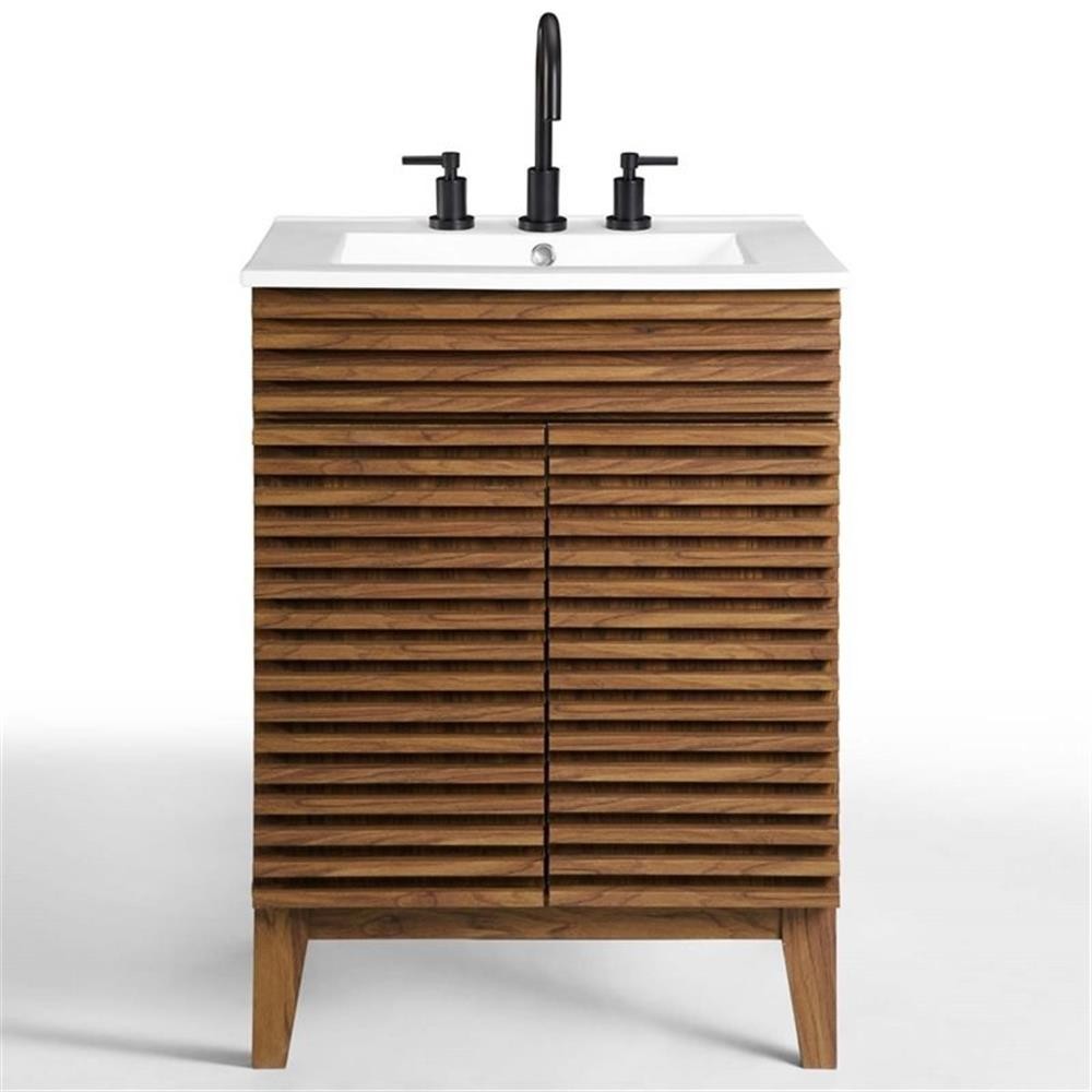 Maklaine Contemporary Wood Bathroom Vanity in Walnut and White