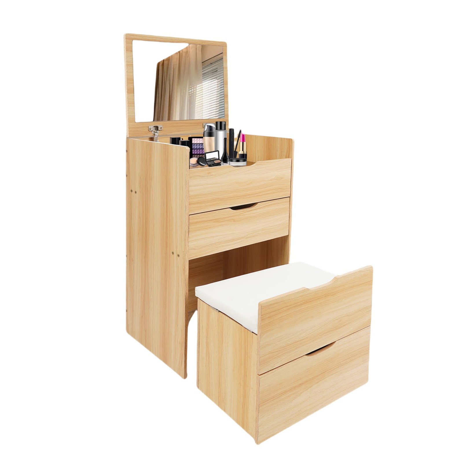 Compact 3-in-1 Flip Top Vanity Desk with Mirror 3 Drawers Stool Log Color