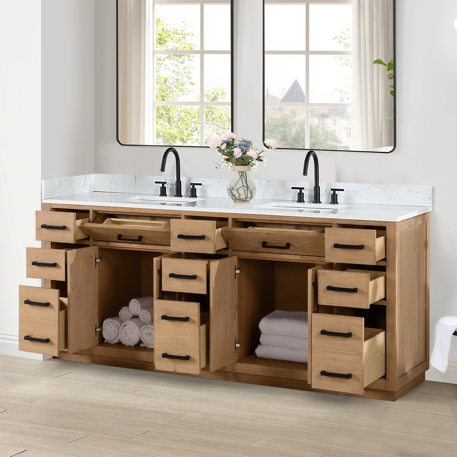 Gavino 84″ Wood Vanity in Light Brown with Composite Stone Top no Mirror