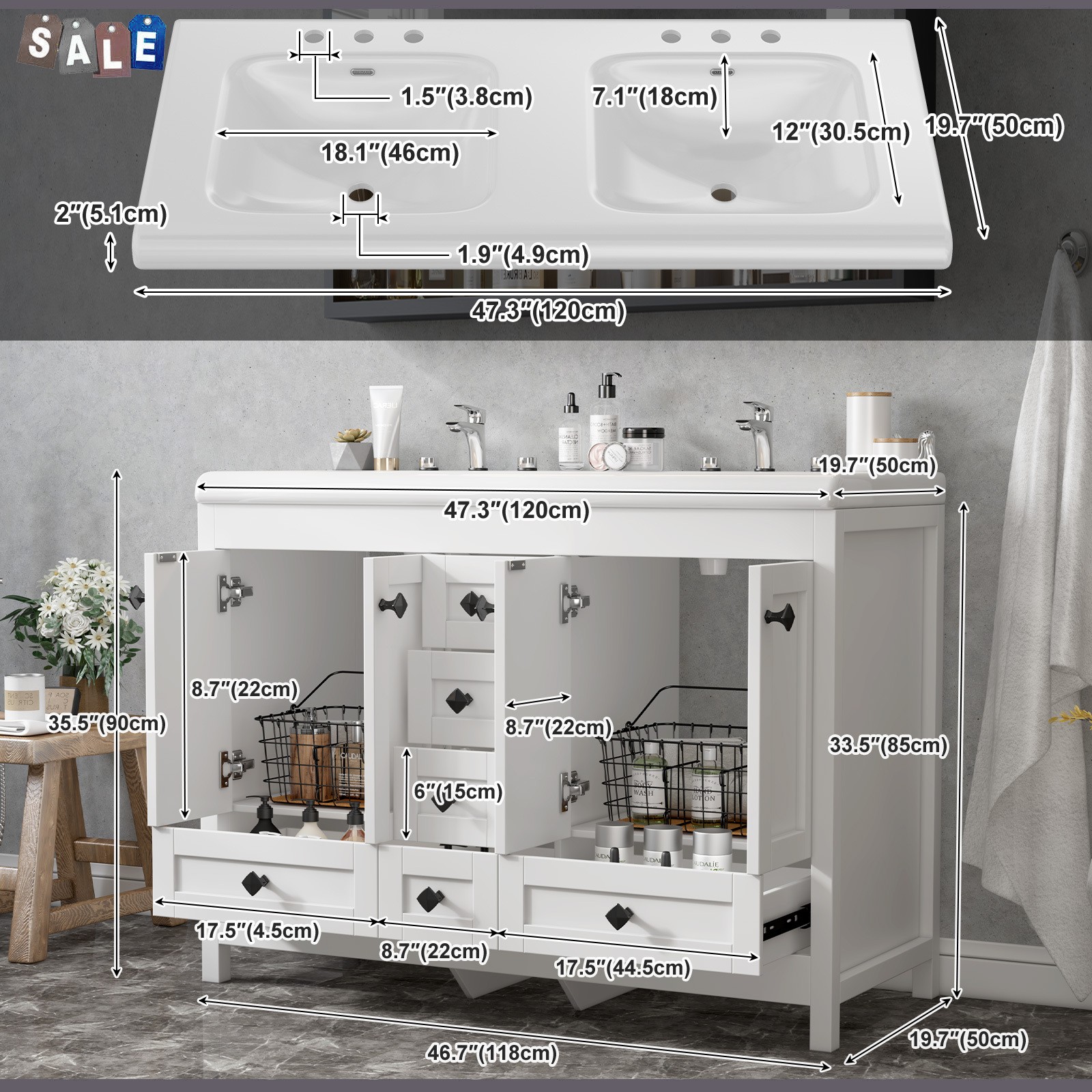 White Classic Bathroom Vanity Double Ceramic Sinks Freestanding With 5 Drawers