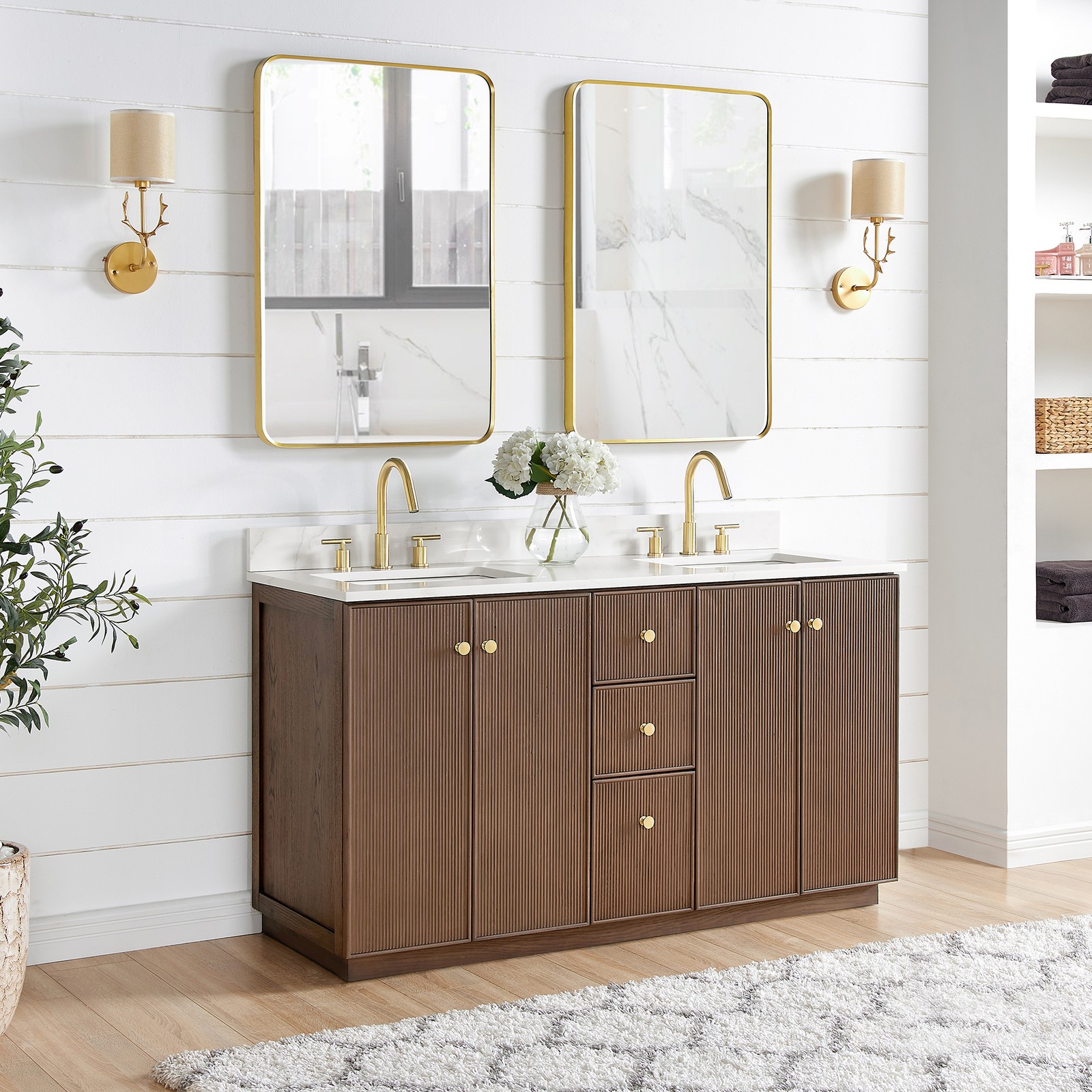 Oza 60M”Double Bath Vanity in Aged Dark Brown Oak with Fish Maw White Quartz Top