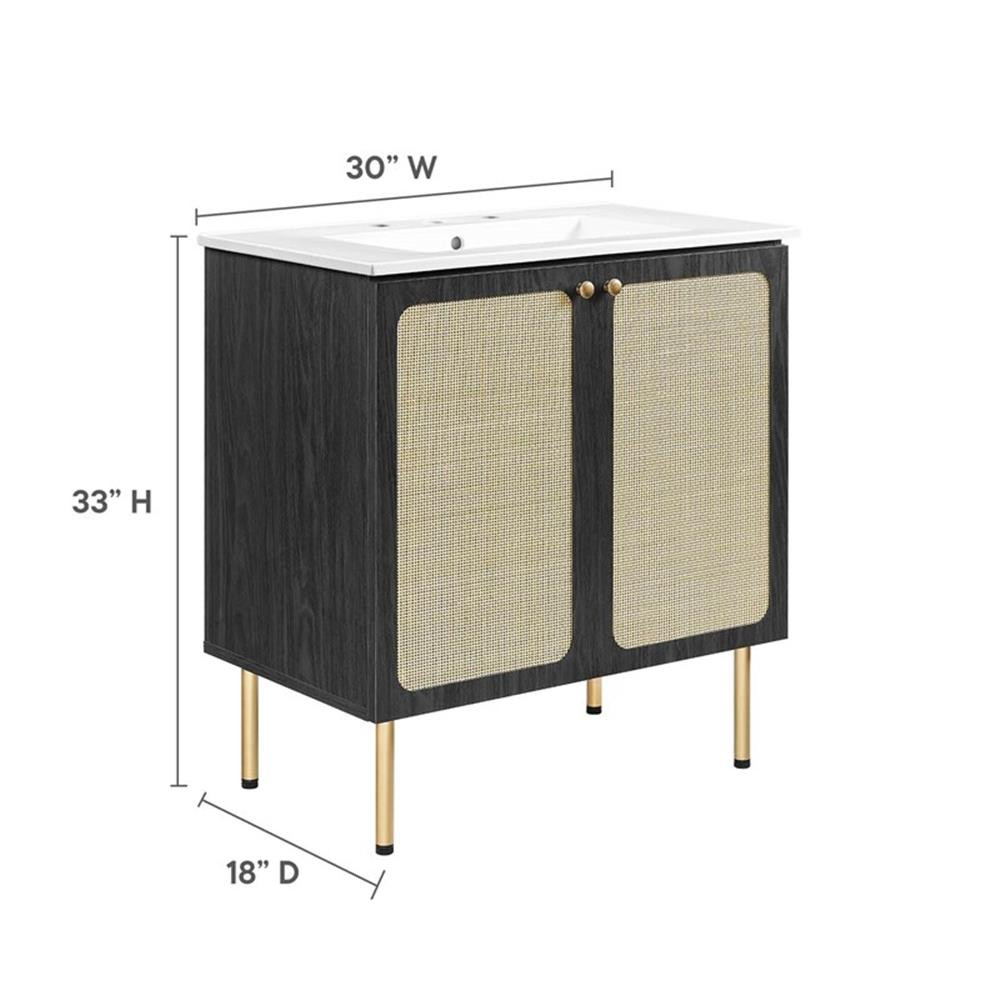 Modway Chaucer 30″ Wood & Rattan Bathroom Vanity in Black/White