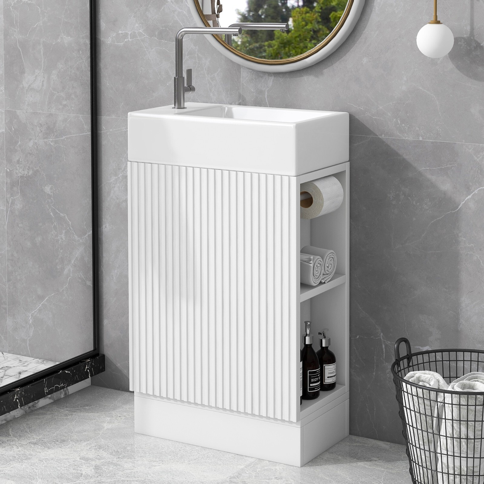 Wooden 18.6″ Bathroom Vanity Cabinet with Ceramic Sink Storage Shelf Tissue Rack