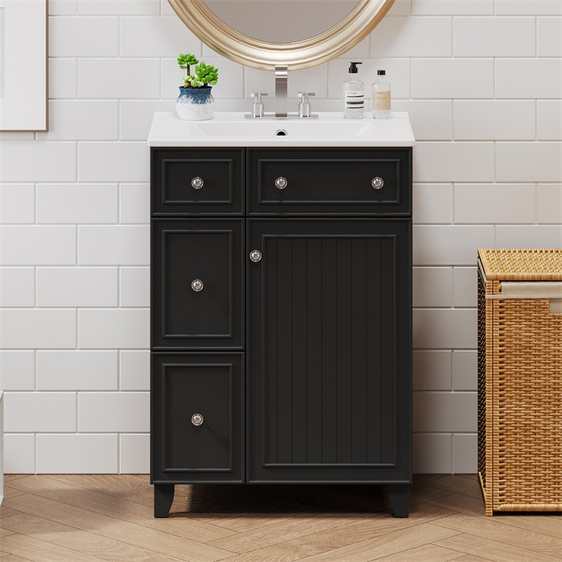 24″ Black Bathroom Vanity Cabinet with Ceramic Sink,2 Drawers,1 Soft-Close Door
