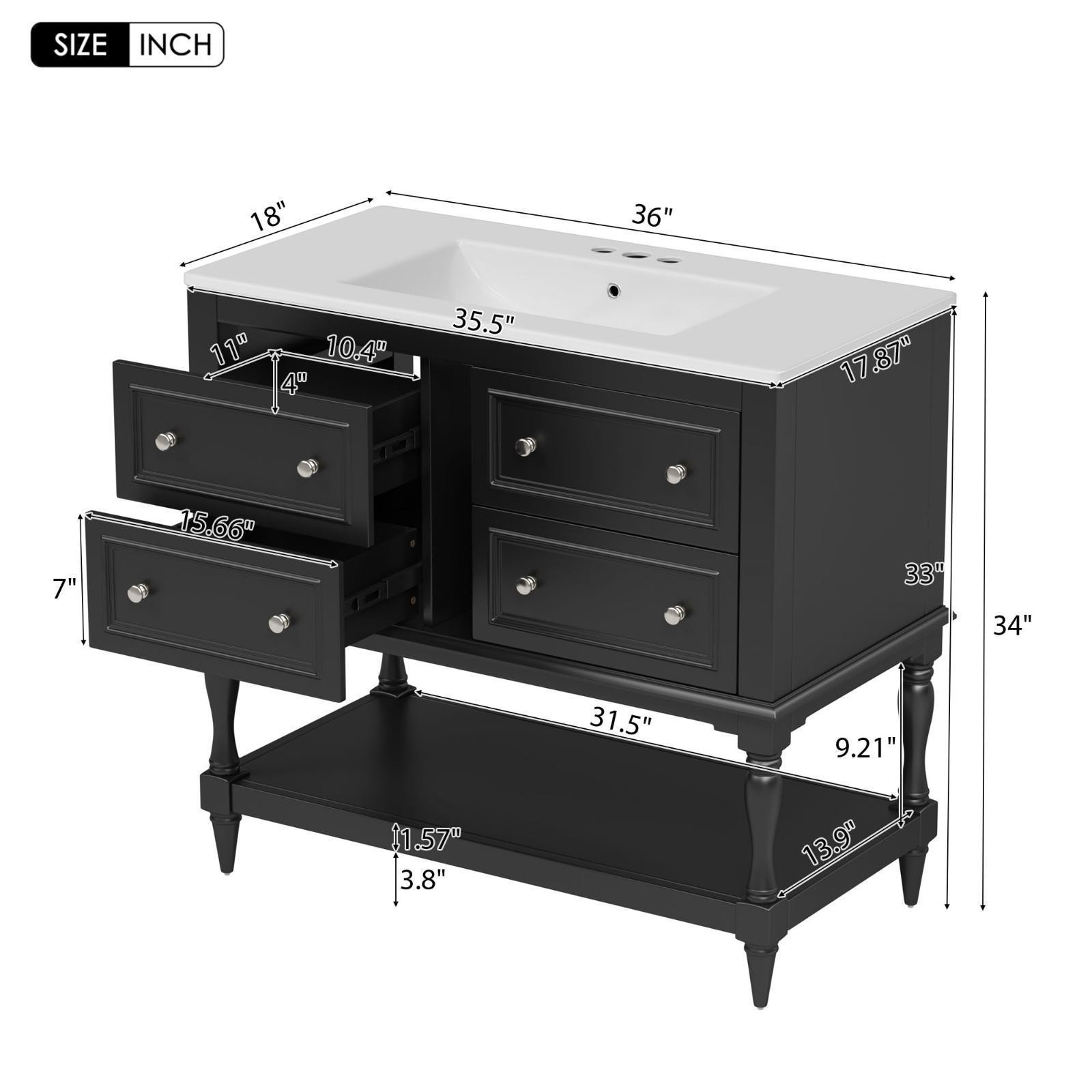 Elegant Black 36” Bathroom Vanity Cabinet with Pre-Drilled Sink, MDF Frame &
